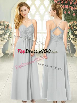 Superior Grey Criss Cross Prom Party Dress Ruching Sleeveless Ankle Length