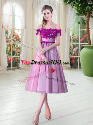 Fancy Tea Length A-line Sleeveless Rose Pink Prom Dresses Lace Up
