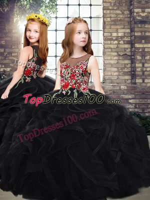 High End Black Scoop Zipper Embroidery and Ruffles Kids Pageant Dress Sweep Train Sleeveless