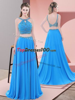 Blue Two Pieces Beading Prom Dresses Backless Chiffon Sleeveless