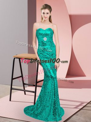 Custom Made Sleeveless Beading Lace Up Evening Dress with Turquoise Sweep Train