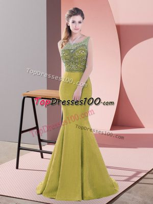 Sleeveless Beading and Lace Backless Dress for Prom with Olive Green Sweep Train