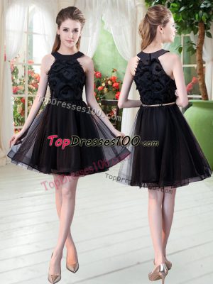 Affordable Mini Length Black Evening Dress Tulle Sleeveless Belt