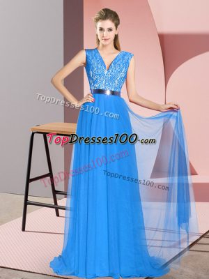 V-neck Sleeveless Tulle Evening Dress Beading and Lace Sweep Train Zipper