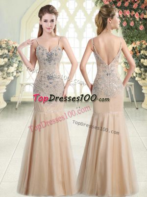 Champagne Tulle Zipper Spaghetti Straps Sleeveless Floor Length Prom Party Dress Beading