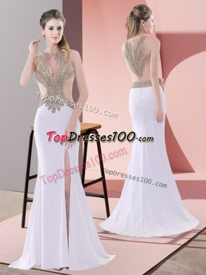 Sleeveless Sweep Train Lace Up Beading and Lace Prom Gown