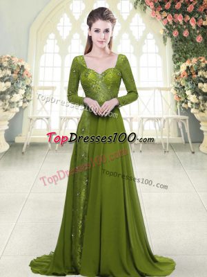 Glittering Olive Green Prom Dresses Sweetheart Long Sleeves Sweep Train Backless