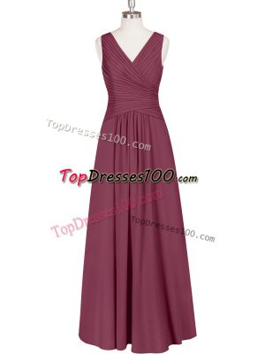 Flare Burgundy Empire Ruching Prom Gown Zipper Chiffon Sleeveless Floor Length