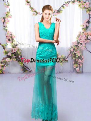 Romantic Sleeveless Floor Length Lace Lace Up Bridesmaids Dress with Turquoise