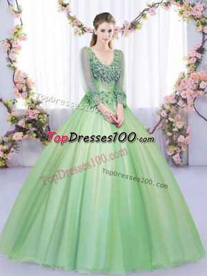 Shining Green Tulle Lace Up Sweet 16 Dresses Long Sleeves Floor Length Lace and Appliques
