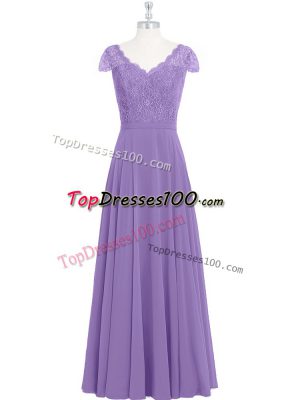 Lavender Empire Lace Prom Party Dress Zipper Chiffon Cap Sleeves Floor Length