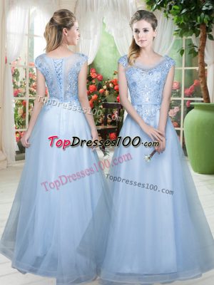 Fine Cap Sleeves Tulle Floor Length Lace Up Prom Party Dress in Light Blue with Lace