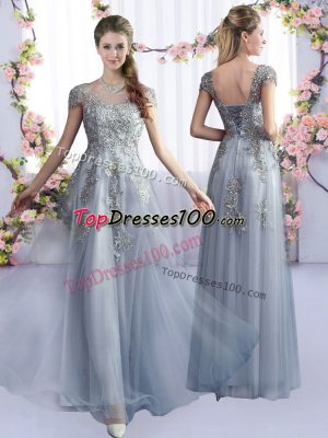 Scoop Cap Sleeves Bridesmaid Gown Floor Length Lace Grey Tulle