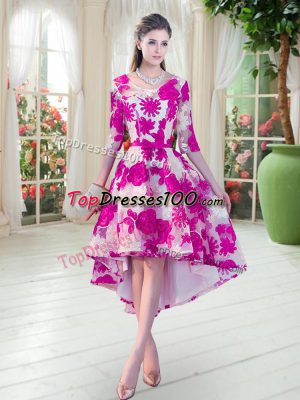 Affordable Fuchsia Lace Lace Up Prom Party Dress Half Sleeves High Low Belt