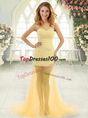 Stunning Gold Prom Gown Sweetheart Sleeveless Brush Train Zipper