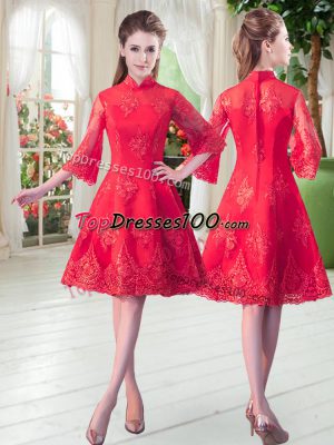 Lovely High-neck 3 4 Length Sleeve Zipper Lace Dress for Prom in Red