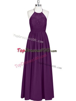 Vintage Halter Top Sleeveless Prom Dress Floor Length Lace Eggplant Purple Chiffon