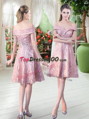 Best Selling Pink Zipper Evening Dress Lace Sleeveless Knee Length