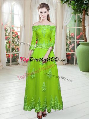 Pretty A-line Tulle Off The Shoulder 3 4 Length Sleeve Lace Floor Length Lace Up Prom Gown
