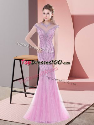 Sumptuous Cap Sleeves Beading Lace Up Evening Wear with Pink Sweep Train