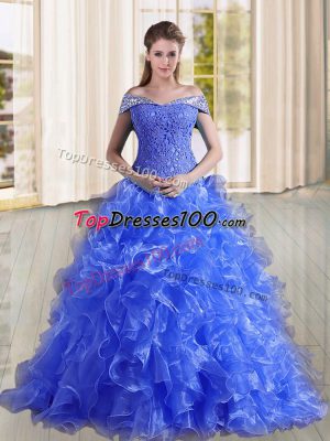 Extravagant Blue A-line Beading and Lace and Ruffles Quinceanera Dresses Lace Up Organza Sleeveless
