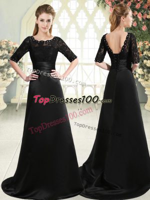 A-line Half Sleeves Black Prom Gown Sweep Train Lace Up