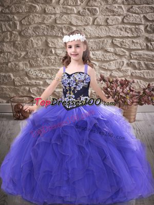 Purple Tulle Lace Up Kids Formal Wear Sleeveless Floor Length Embroidery and Ruffles