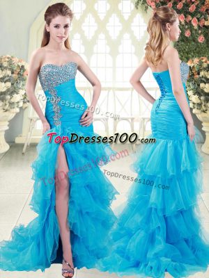 Sleeveless Brush Train Beading and Ruffled Layers Lace Up Prom Gown