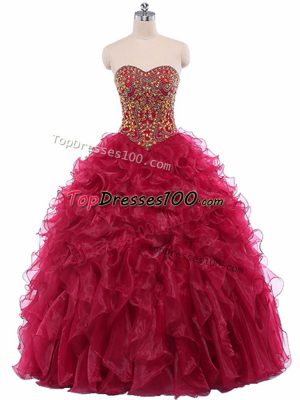 Floor Length Wine Red Quinceanera Gown Organza Sleeveless Beading and Ruffles
