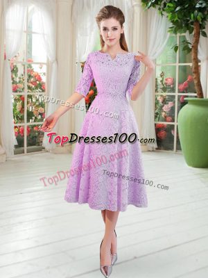 Ideal Lilac Lace Zipper V-neck Half Sleeves Tea Length Prom Dresses Beading