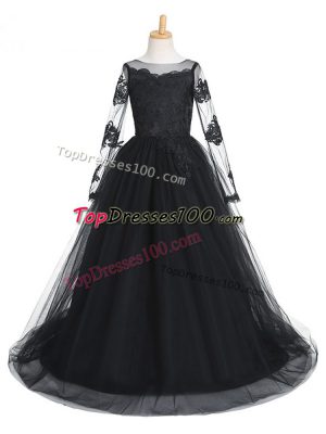 Black Little Girls Pageant Dress Scoop Long Sleeves Brush Train Clasp Handle