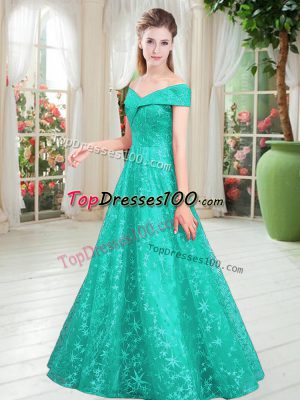 Trendy Turquoise Off The Shoulder Neckline Beading Prom Evening Gown Sleeveless Lace Up
