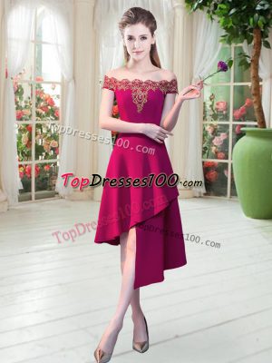 Wine Red Satin Zipper Evening Dress Sleeveless Asymmetrical Appliques