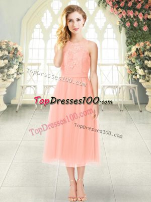 Dynamic Sleeveless Tea Length Lace Zipper Prom Dress with Peach