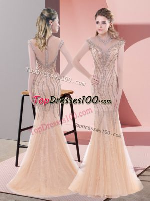 Flare Zipper Peach for Prom and Party with Beading Sweep Train