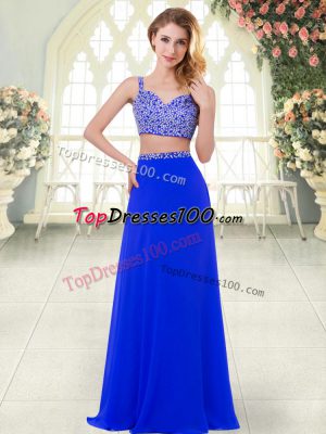 Sleeveless Floor Length Beading Zipper Homecoming Dress with Royal Blue