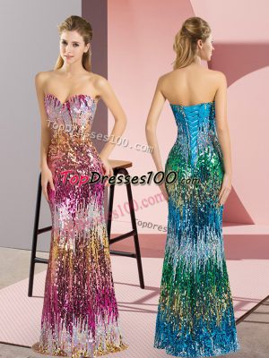 Noble Purple and Multi-color Lace Up Homecoming Dress Beading and Sequins Sleeveless Floor Length
