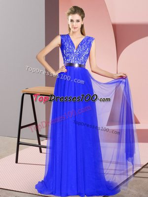 Extravagant V-neck Sleeveless Sweep Train Zipper Womens Evening Dresses Royal Blue Tulle