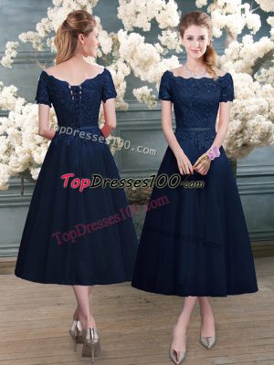 Navy Blue Scalloped Zipper Lace Prom Party Dress Short Sleeves