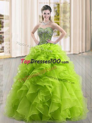 Comfortable Yellow Green Ball Gowns Beading and Ruffles Sweet 16 Dresses Lace Up Organza Sleeveless Floor Length