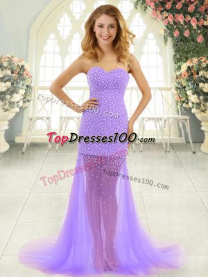 Glamorous Beading Womens Evening Dresses Lavender Zipper Sleeveless Brush Train