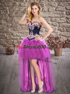 Unique Embroidery Dress for Prom Purple Lace Up Sleeveless High Low