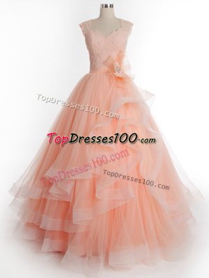 Sleeveless Floor Length Ruffles Lace Up Quinceanera Dress with Peach