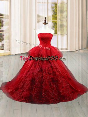 Shining Wine Red Ball Gowns Lace and Ruffles Quince Ball Gowns Lace Up Tulle Sleeveless
