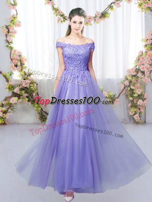 Suitable Floor Length Lavender Bridesmaid Gown Tulle Sleeveless Lace