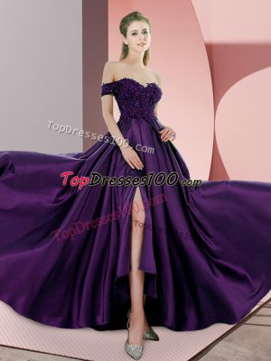 Sleeveless Sweep Train Beading and Lace Backless Prom Dress
