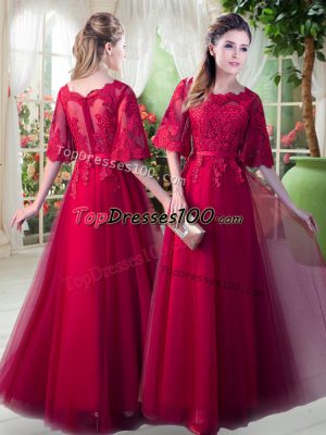 Customized Red A-line Tulle Scoop Half Sleeves Appliques Floor Length Zipper