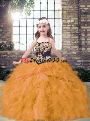 Gold Lace Up Straps Embroidery and Ruffles Pageant Gowns For Girls Tulle Sleeveless