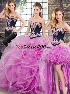 Fancy Lilac Tulle Lace Up Quinceanera Dress Sleeveless Sweep Train Embroidery and Ruffles