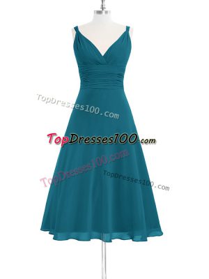 High End Knee Length Teal Prom Gown Straps Sleeveless Zipper
